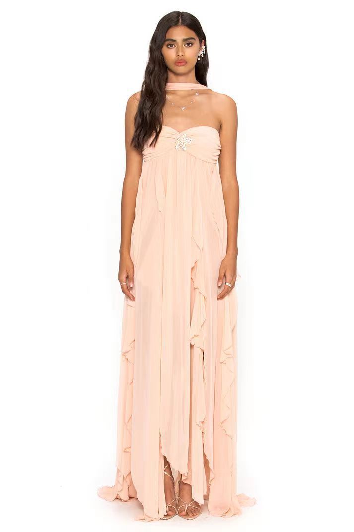 Damen Elegantes Maxi-Kleid mit asymmetrischem Saum und zarten Rüschendetails Drune