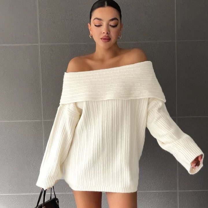 Damen Off-Shoulder Strickpullover mit Rippstruktur und weit geschnittenen Ärmeln Drune