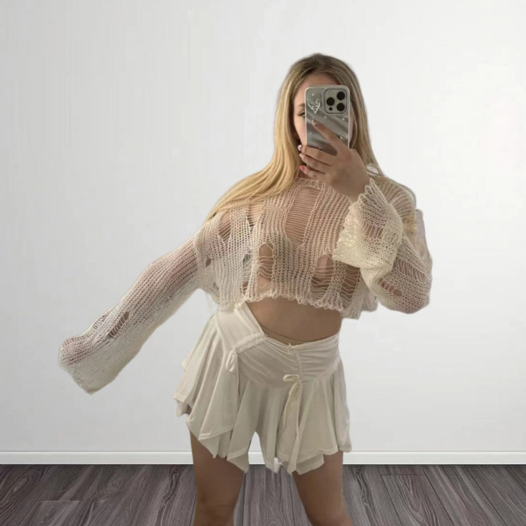 Damen Modisches Cropped-Top mit luftiger Strickstruktur und offenen Maschen Drune