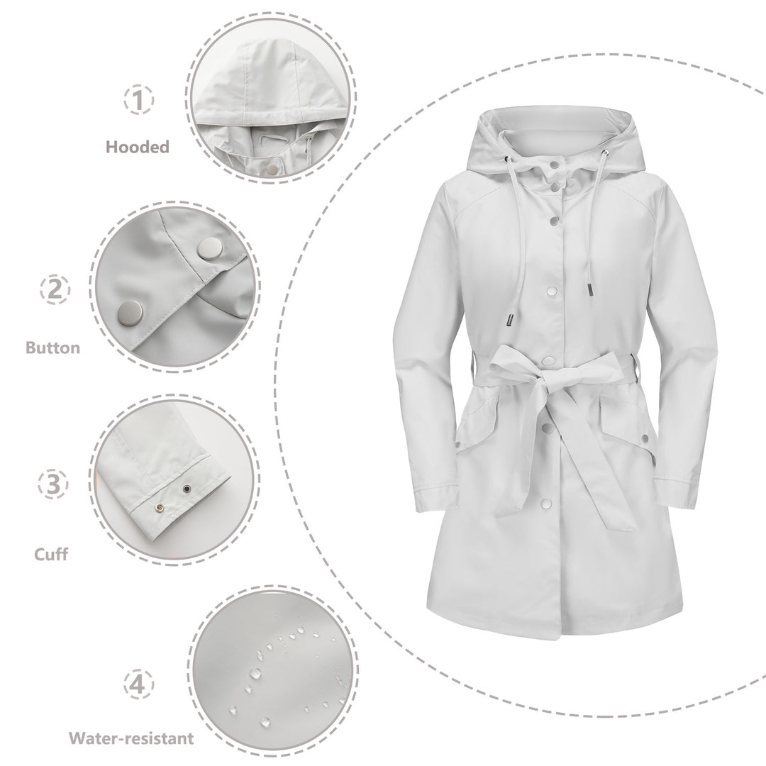 Damen wasserfeste Übergangsjacke mit verstellbarem Kapuzenkragen und Taillengürtel Drune