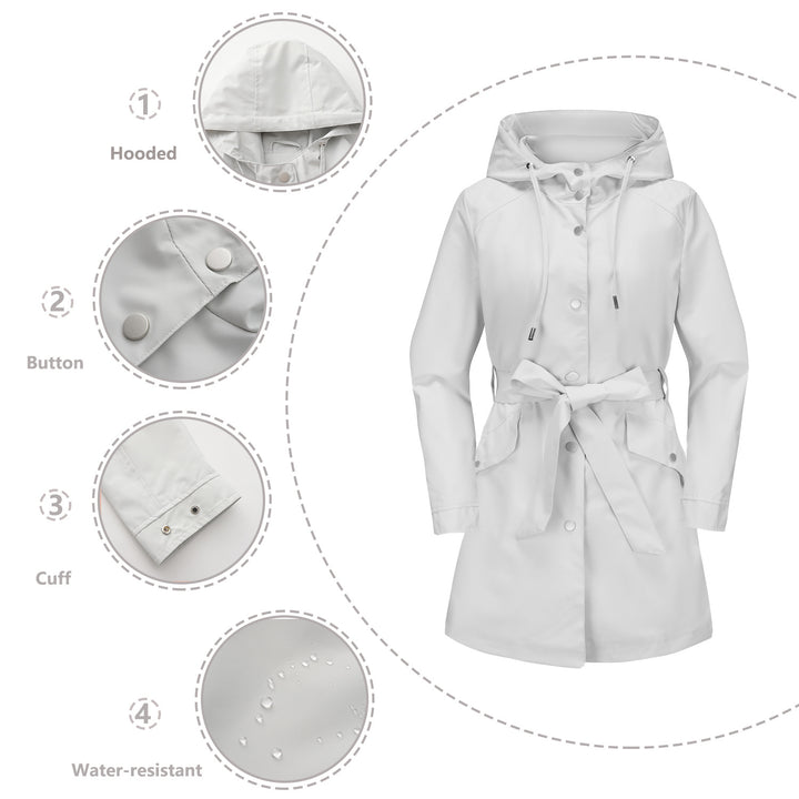 Damen wasserfeste Übergangsjacke mit verstellbarem Kapuzenkragen und Taillengürtel Drune
