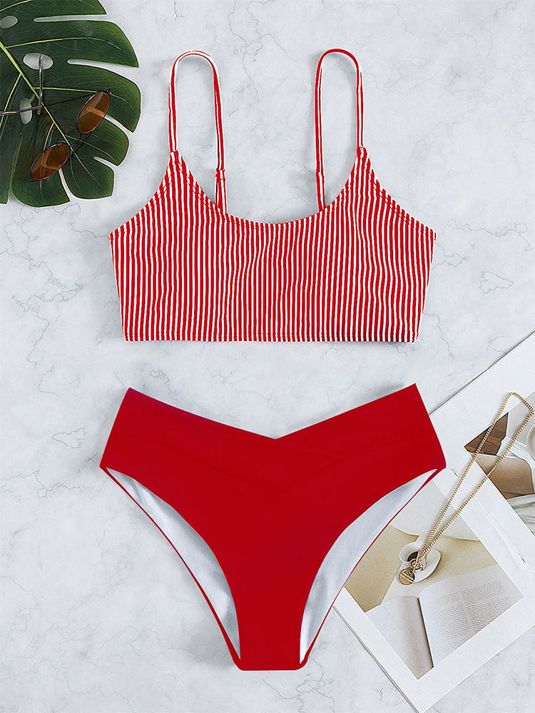 Damen Sport-Bikini-Set mit Streifenmuster und Hoher Taille Drune