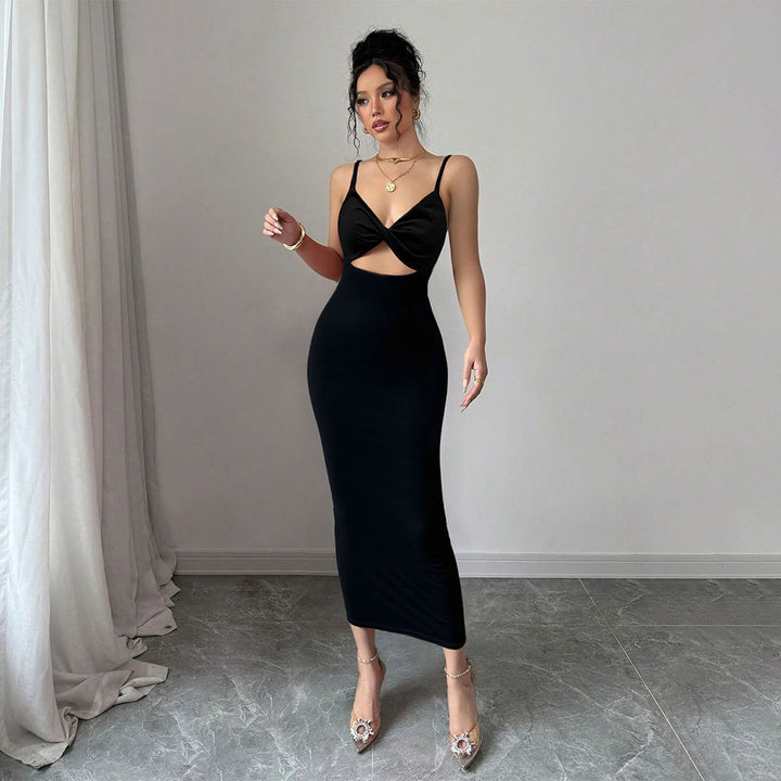 Damen figurbetontes Midi-Kleid mit elegantem Cut-Out und feinen Spaghettiträgern Drune