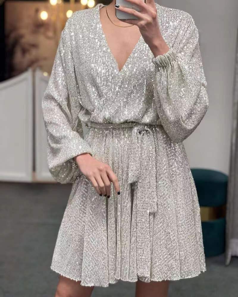 Damen funkelndes Cocktailkleid mit V-Ausschnitt und Taillengürtel Drune