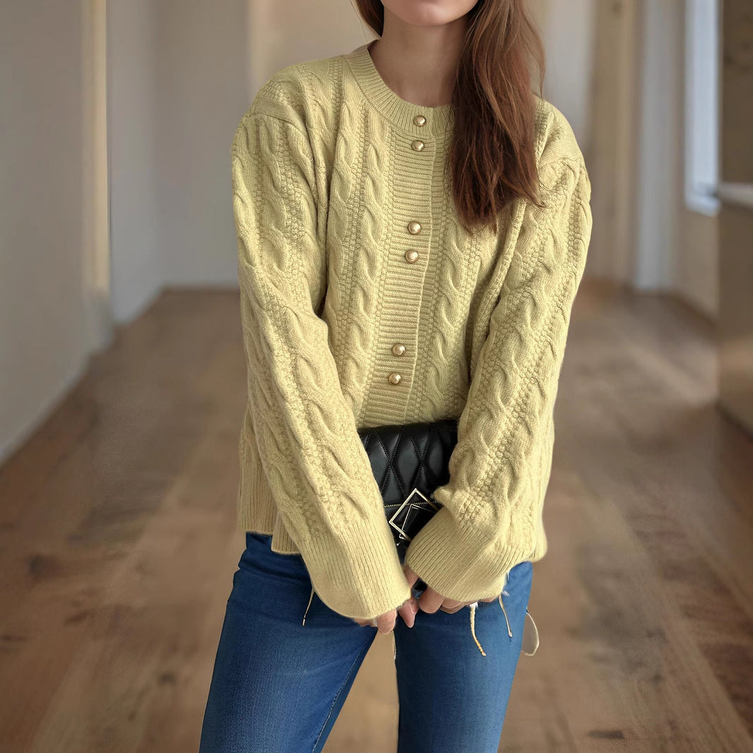 Damen Grobstrickjacke mit dekorativen Knöpfen und Kabelmuster Drune