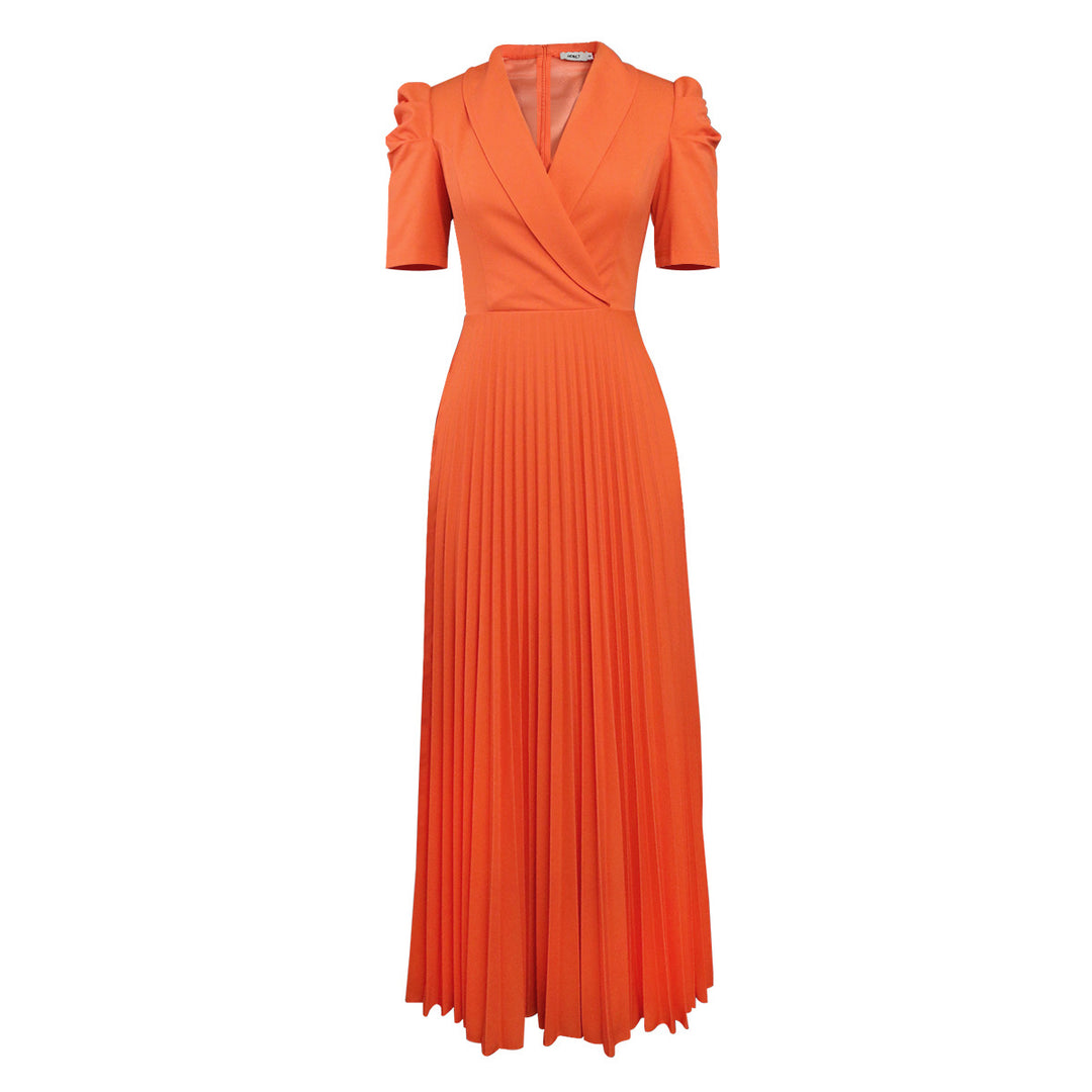 Damen elegantes Wickelkleid mit plissiertem Rock und Puffärmeln Drune
