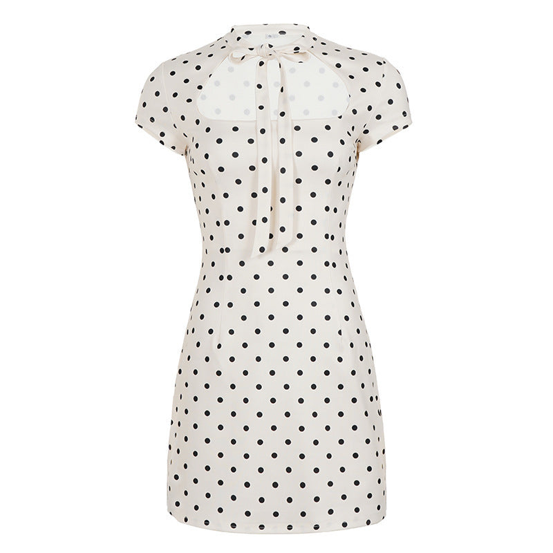 Damen Polka-Dots Minikleid mit modernem Kragen und verspieltem Schleifendetail Drune
