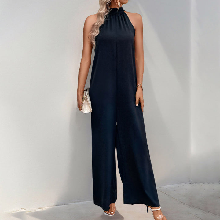 Damen eleganter Jumpsuit mit hohem Stehkragen und weitem Bein Drune