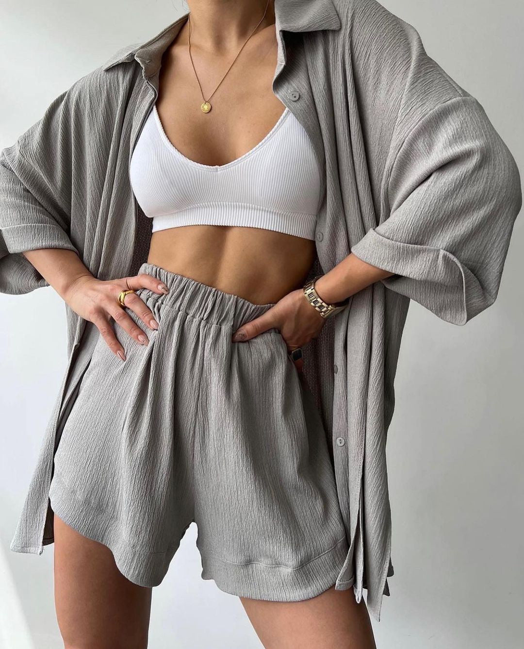 Damen lässiges Hemd und Shorts Set mit strukturiertem Stoff Drune