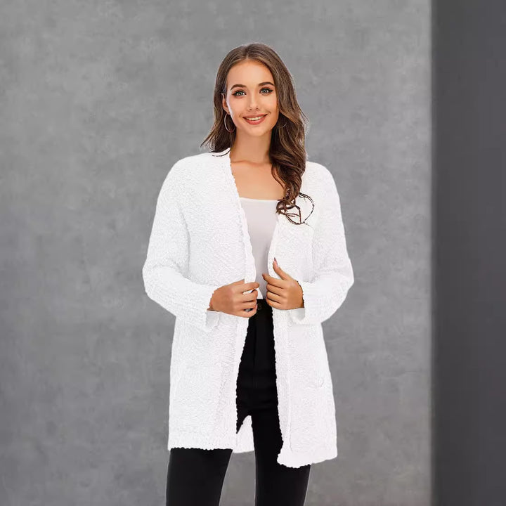 Damen kuschelige Strickjacke mit offenem Schnitt und großen Taschen Drune