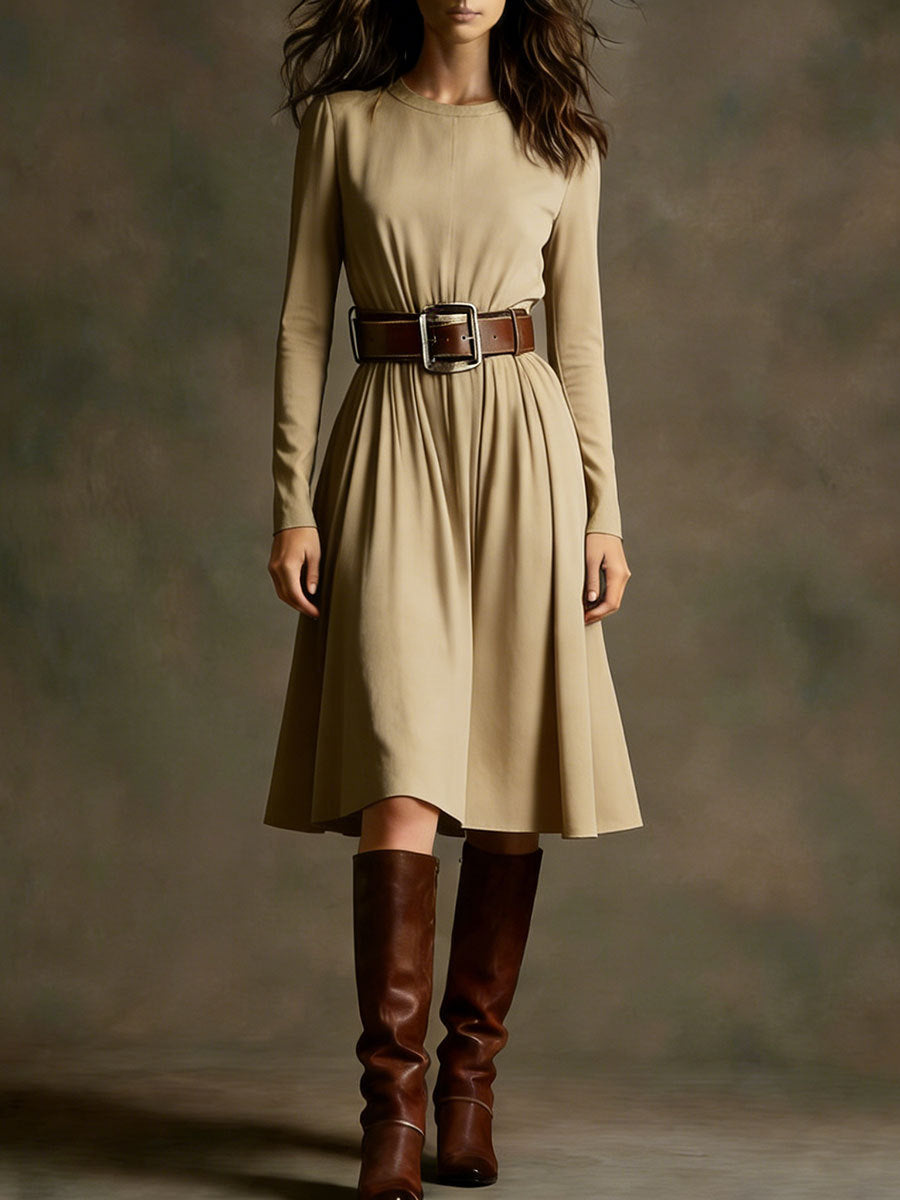 Damen Elegantes Kleid mit langem Arm und Taillengürtel Drune