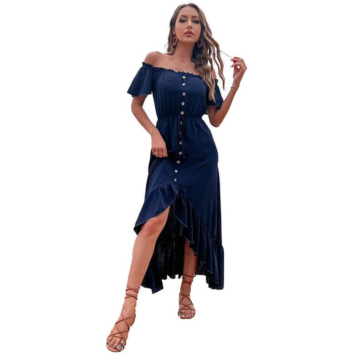 Damen Maxikleid mit schulterfreiem Design und knöpfbarem Frontbereich Drune