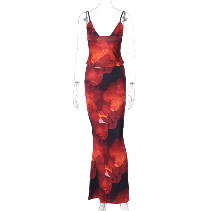 Damen Elegantes Maxikleid mit floralem Muster und Spaghetti-Trägern Drune