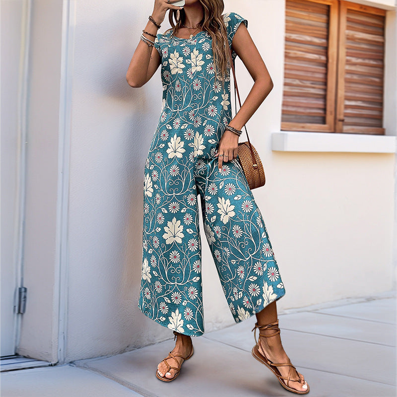 Damen lässiger Jumpsuit mit floralem Design und hohen Beinen Drune
