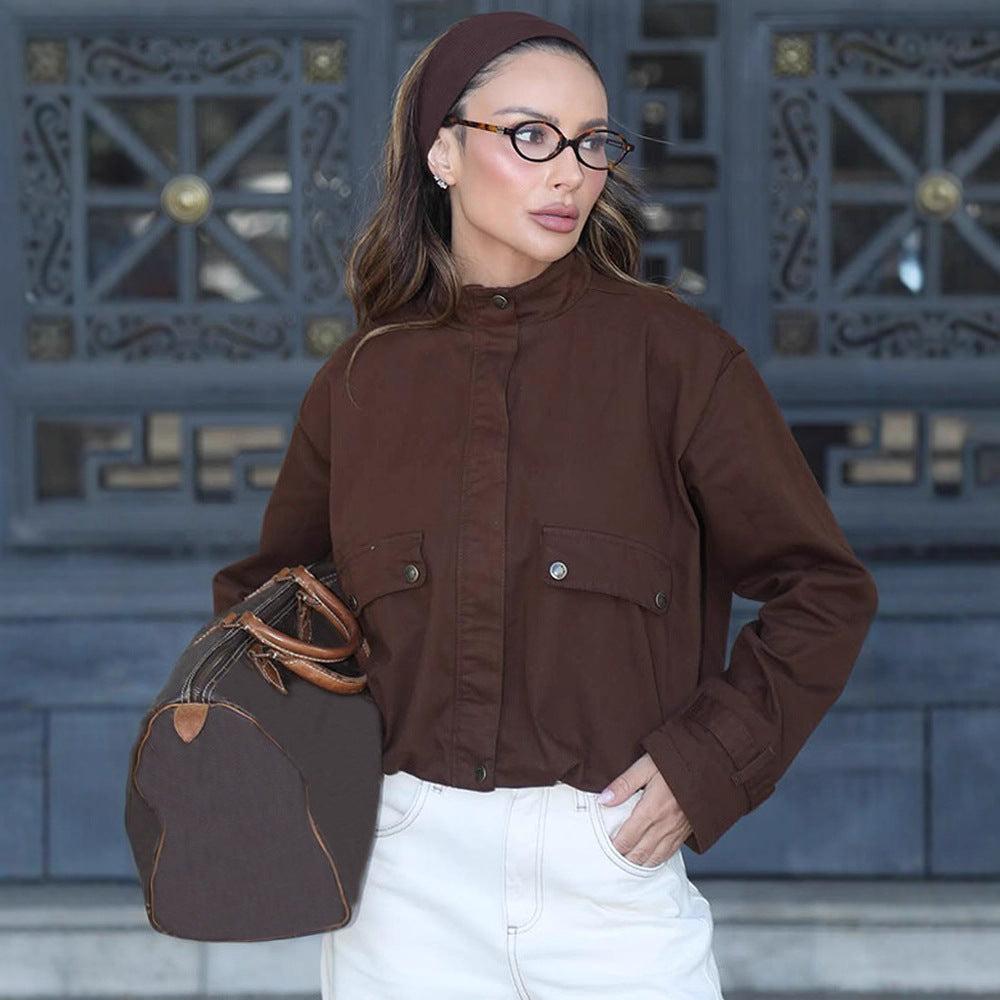 Damen Utility-Jacke mit Brusttaschen und Stehkragen Drune