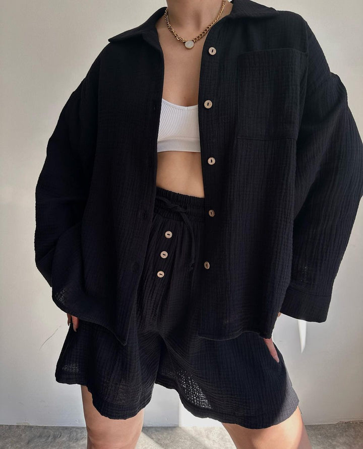 Damen lässige Overshirtjacke aus leichtem Material mit Holzknöpfen Drune