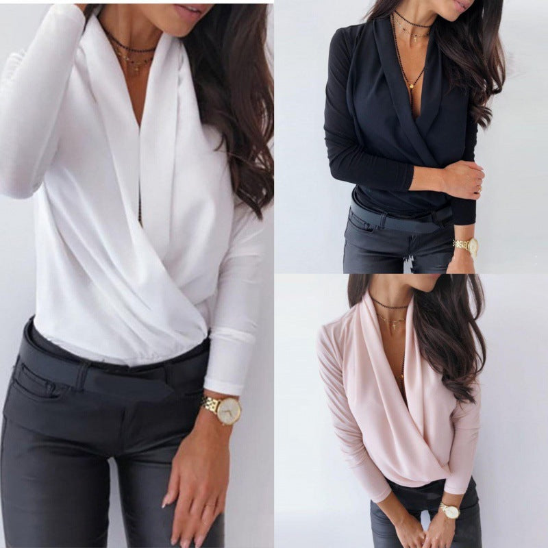 Damen Wickelbluse mit tiefem V-Ausschnitt und eleganten langen Ärmeln Drune