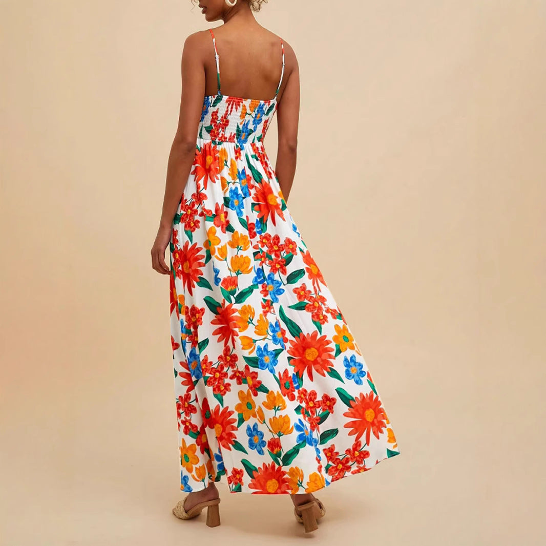 Damen Maxikleid mit buntem Blumenmuster und verstellbaren Trägern Drune