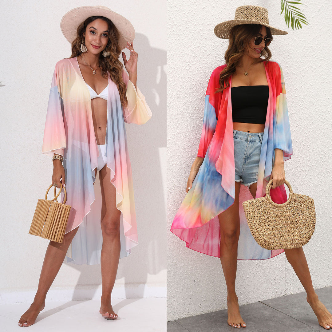 Damen eleganter Strandkimono mit buntem Tie-Dye-Design Drune