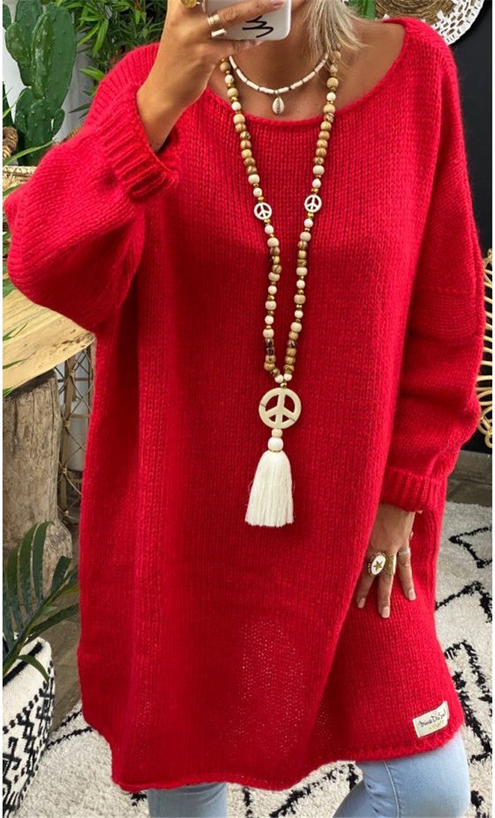 Damen lässiger Langarmstrickpullover im Oversized-Stil mit seitlichen Schlitzen Drune