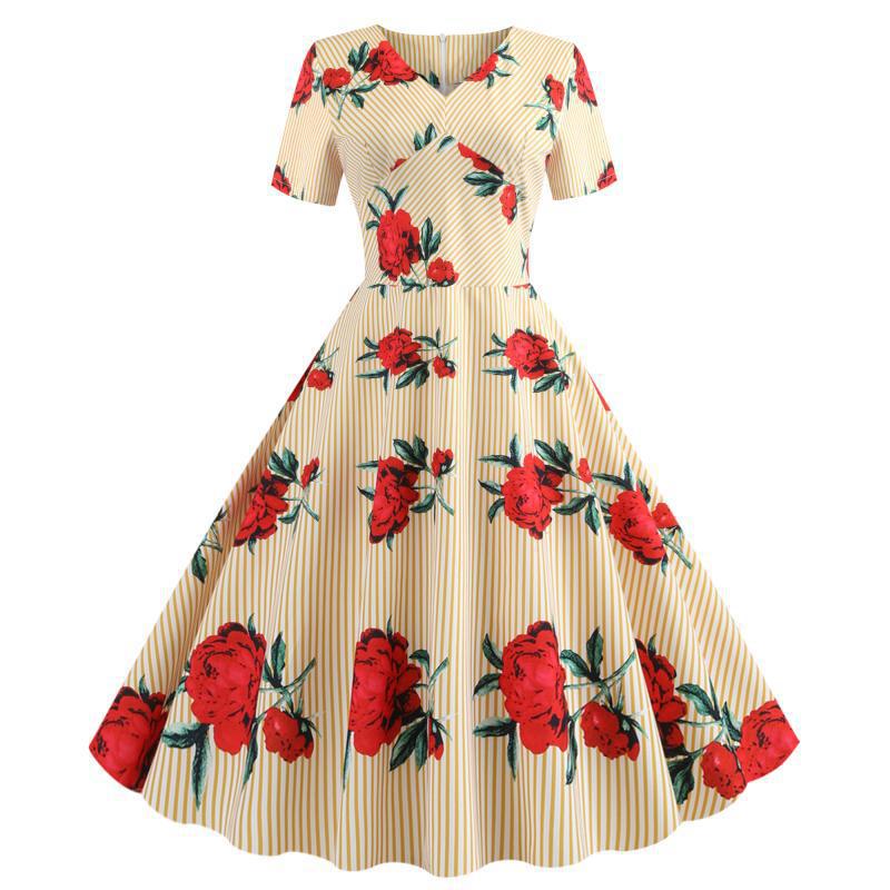 Damen Swingkleid mit floralem Druck und elegantem V-Ausschnitt Drune