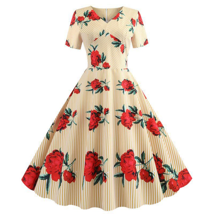 Damen Swingkleid mit floralem Druck und elegantem V-Ausschnitt Drune