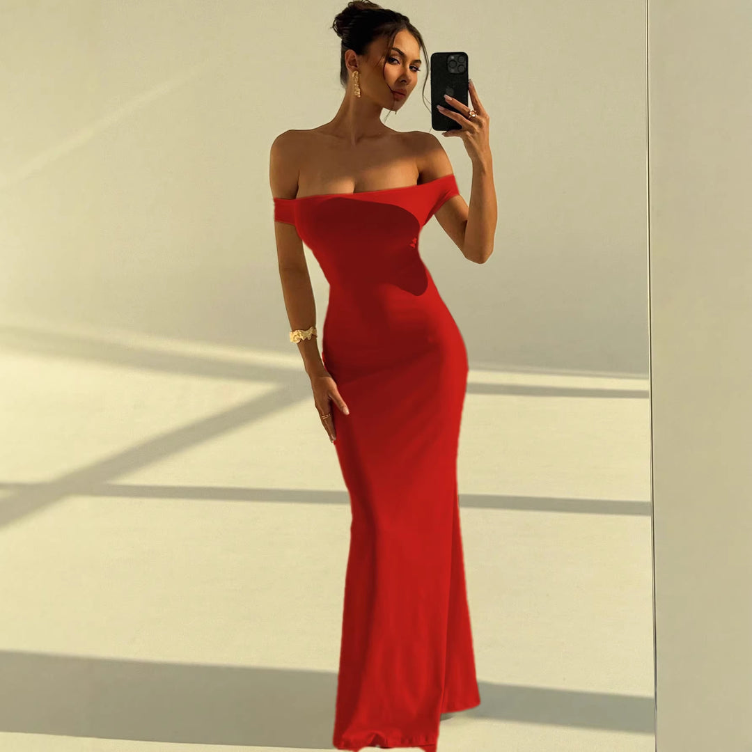 Damen Elegantes Off-Shoulder Maxikleid mit figurbetontem Schnitt Drune