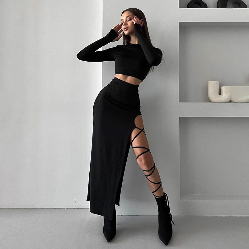 Damen elegantes Langarm-Oberteil mit hohem Bund und seitlichem Cut-Out Drune