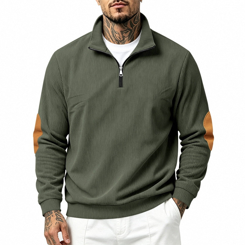 Herren nan Halbzip-Sweatshirt mit Stehkragen, feiner Waffelstruktur und Lederoptik-Ellenbogenpatchs Drune