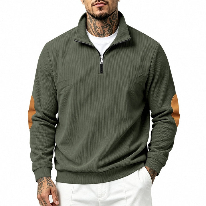 Herren nan Halbzip-Sweatshirt mit Stehkragen, feiner Waffelstruktur und Lederoptik-Ellenbogenpatchs Drune