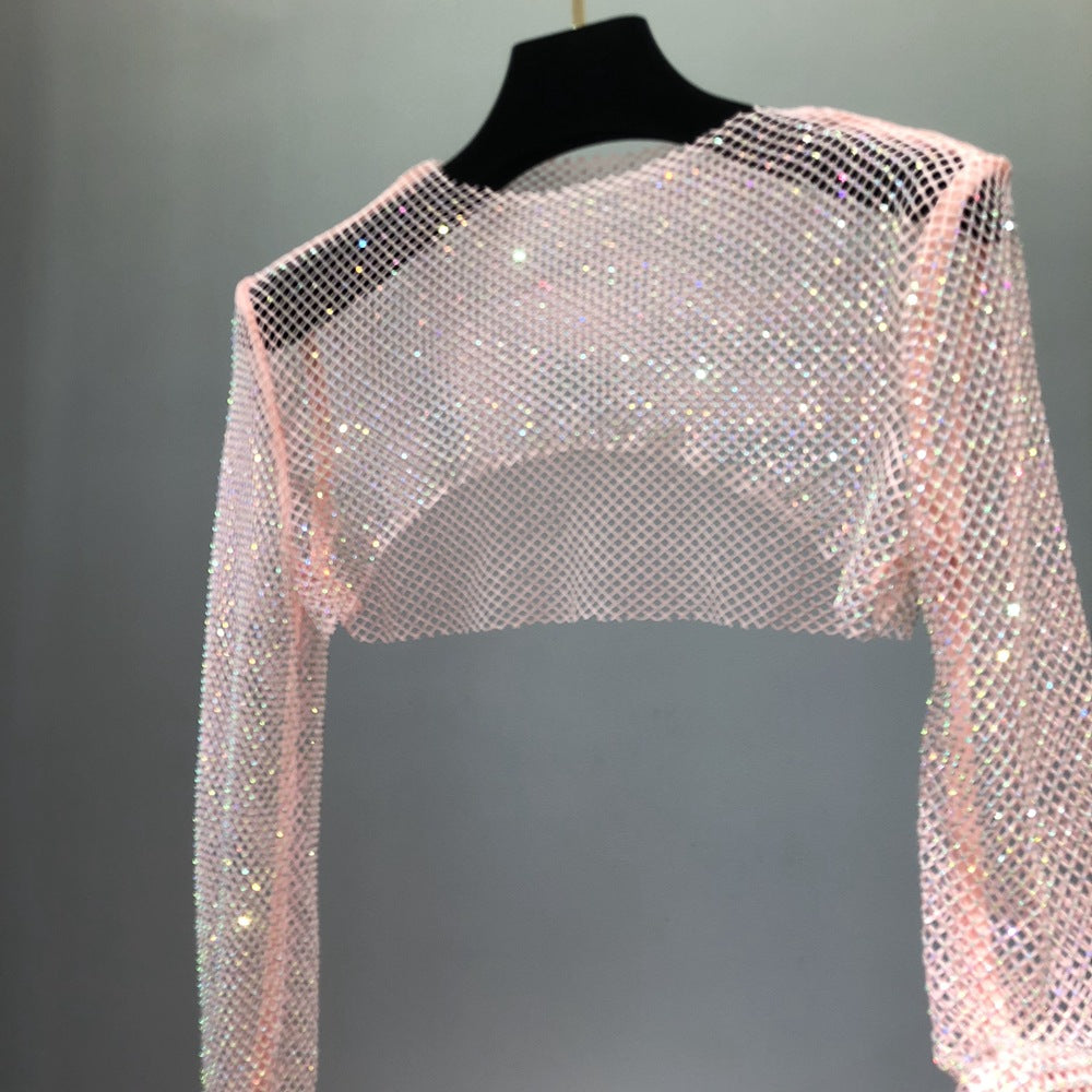 Damen Netzoberteil mit funkelndem Design und elastischen Ärmeln Drune