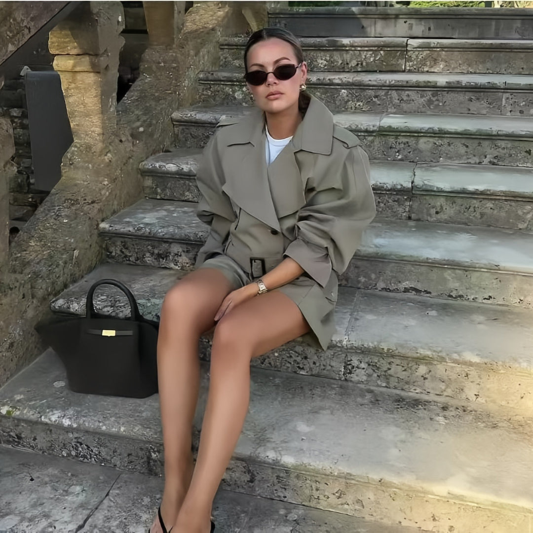 Damen Modische Trenchcoat-Jacke mit voluminösen Ärmeln und Gürtel Drune