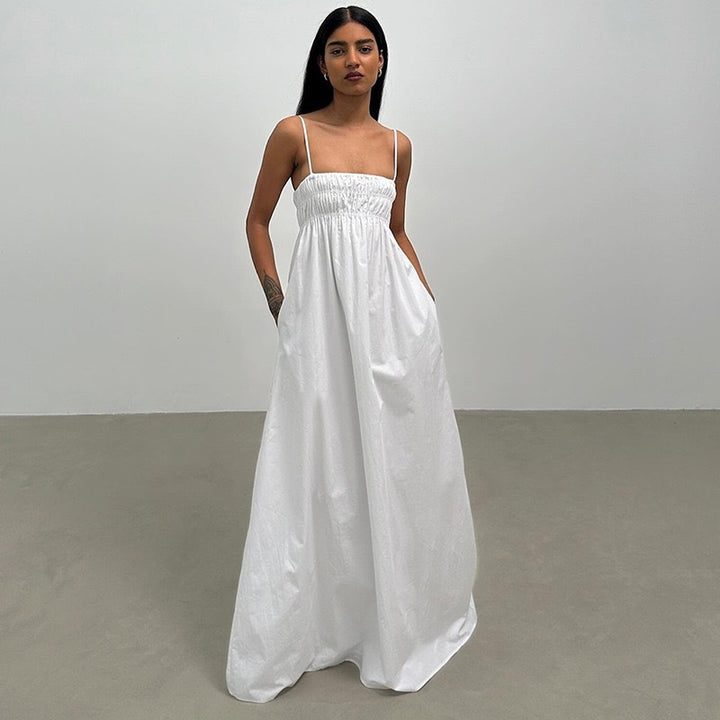 Damen Maxi-Kleid mit gerafftem Oberteil und seitlichen Taschen Drune