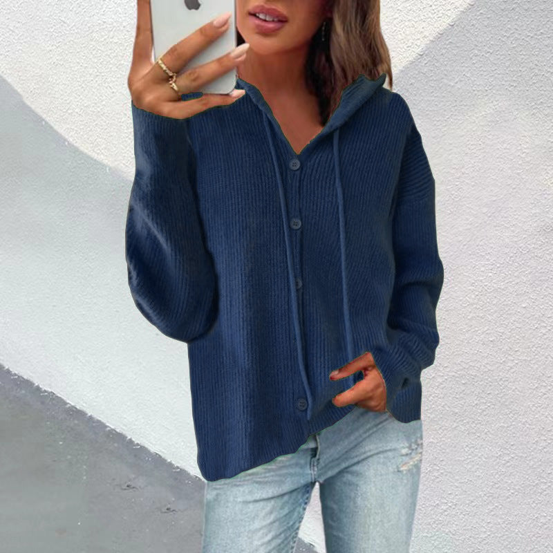 Damen Strickjacke mit Kapuze und Knopfleiste Drune