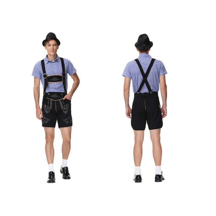 Herren nan moderne kurze Trachtenlederhose mit Kreuzträgern, dekorativer Stickerei und funktionalen Taschen Drune