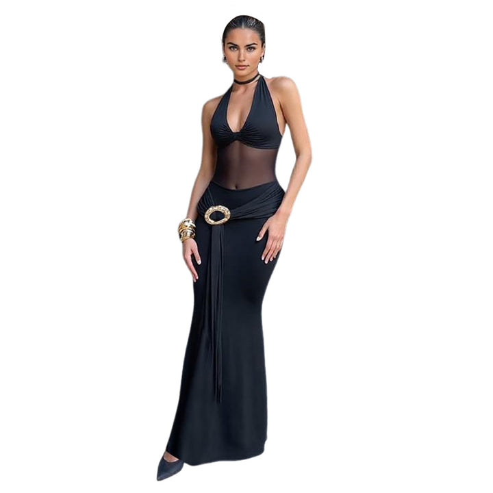 Damen Maxikleid mit durchscheinendem Oberteil und dekorativem Gürtel Drune