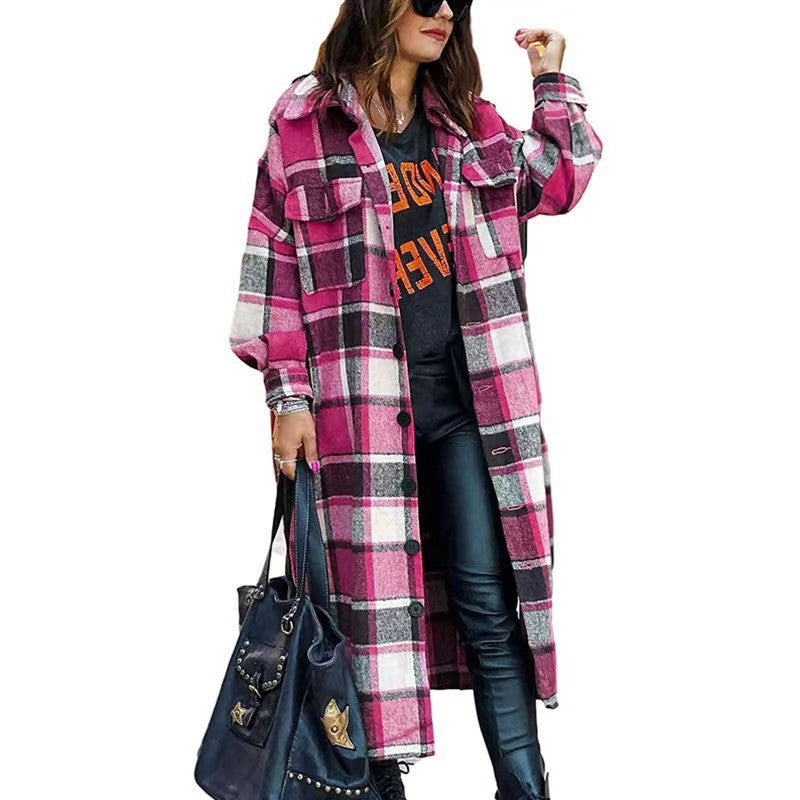 Damen Langarm-Wolljacke mit Karomuster und praktischen Taschen Drune