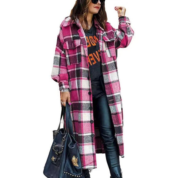 Damen Langarm-Wolljacke mit Karomuster und praktischen Taschen Drune