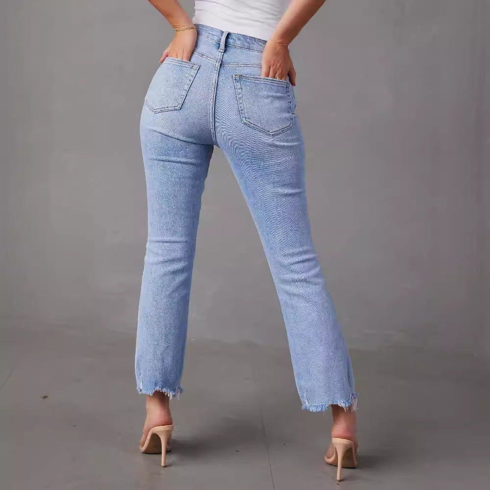 Damen High-Waist Jeans mit trendy Fransen und distressed Details Drune