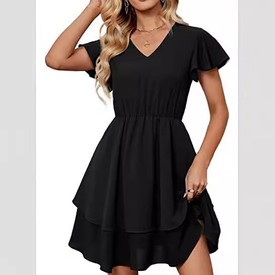 Damen Freizeitkleid mit fließendem Rock und Rüschenärmeln Drune
