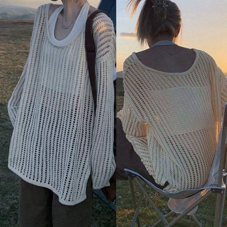 Damen luftiger Strickpullover mit weitem Schnitt und dezentem Lochmuster Drune