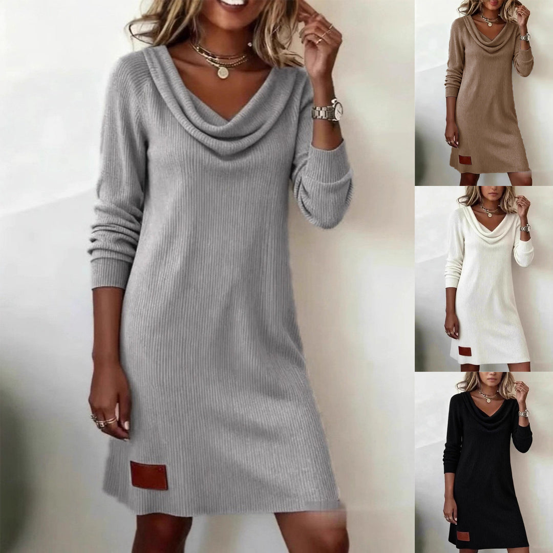 Damen lässiges Strickkleid mit Wasserfall-Ausschnitt Drune
