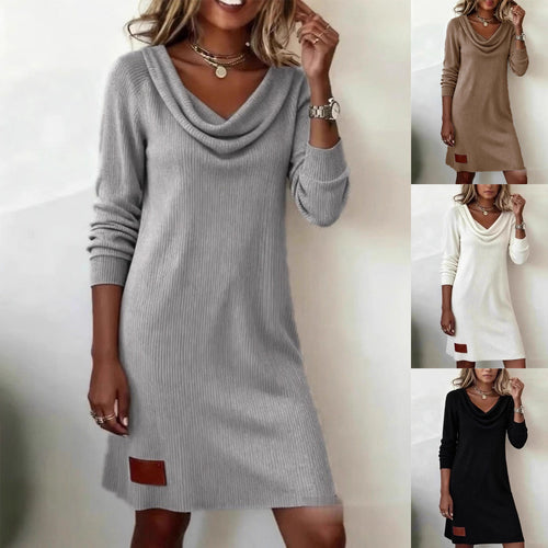 Damen lässiges Strickkleid mit Wasserfall-Ausschnitt Drune