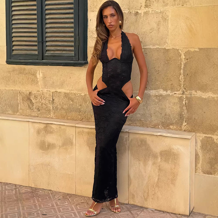 Damen Langes Spitzenkleid mit sexy Ausschnitten und raffinierten Details Drune