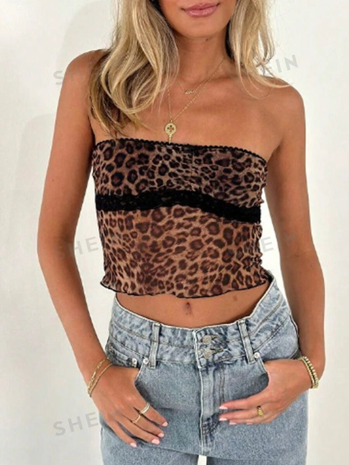 Damen Bandeau-Top mit trendigem Leopardenmuster und zarter Spitzenkante Drune