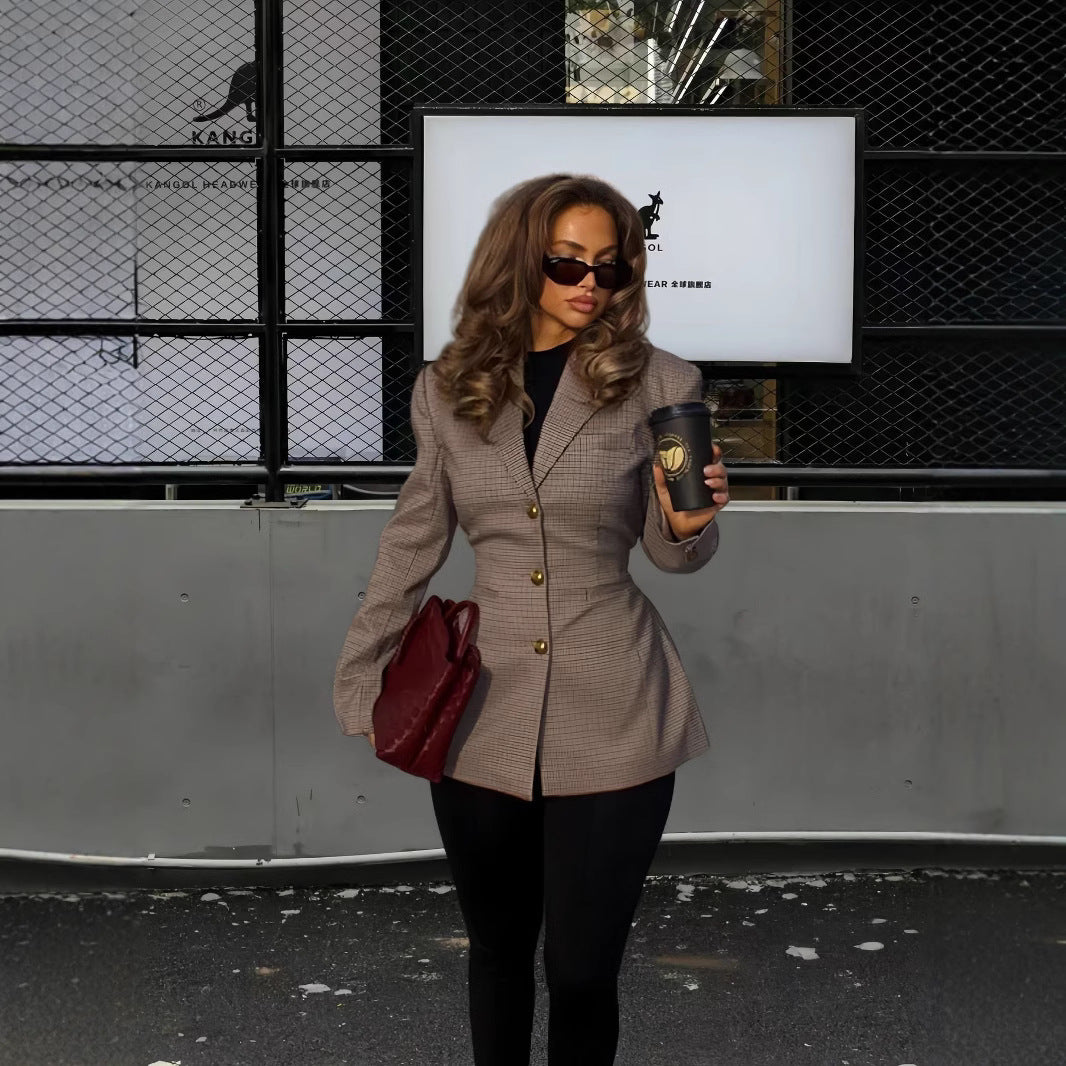 Damen Elegante Karojacke mit strukturiertem Schnitt und Goldknöpfen Drune