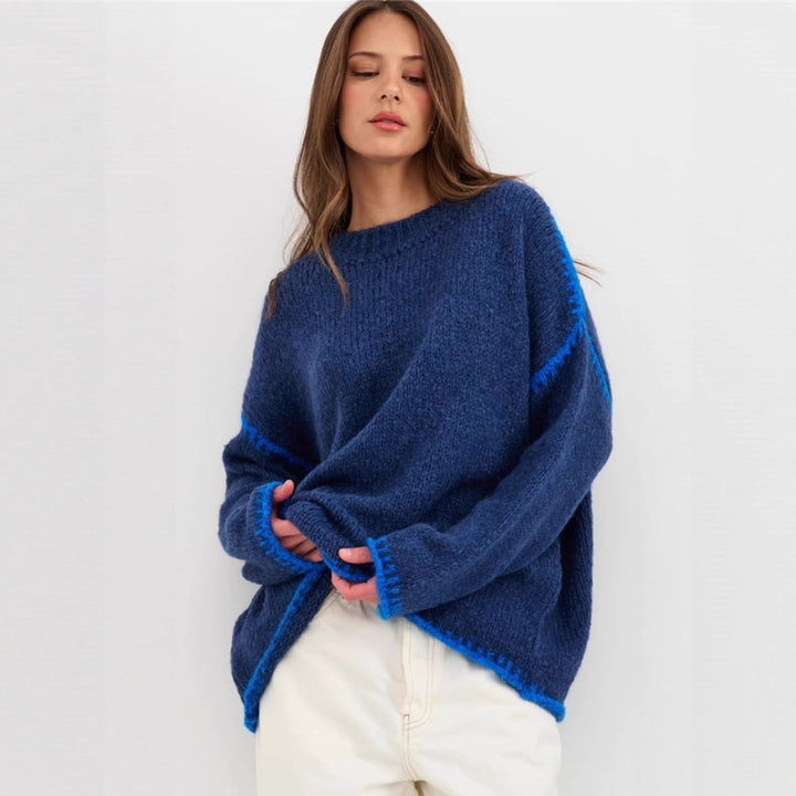 Damen lässiger Strickpullover mit farblich akzentuiertem Saum Drune
