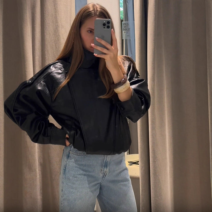 Damen lässige Kunstlederjacke im Oversized-Schnitt Drune