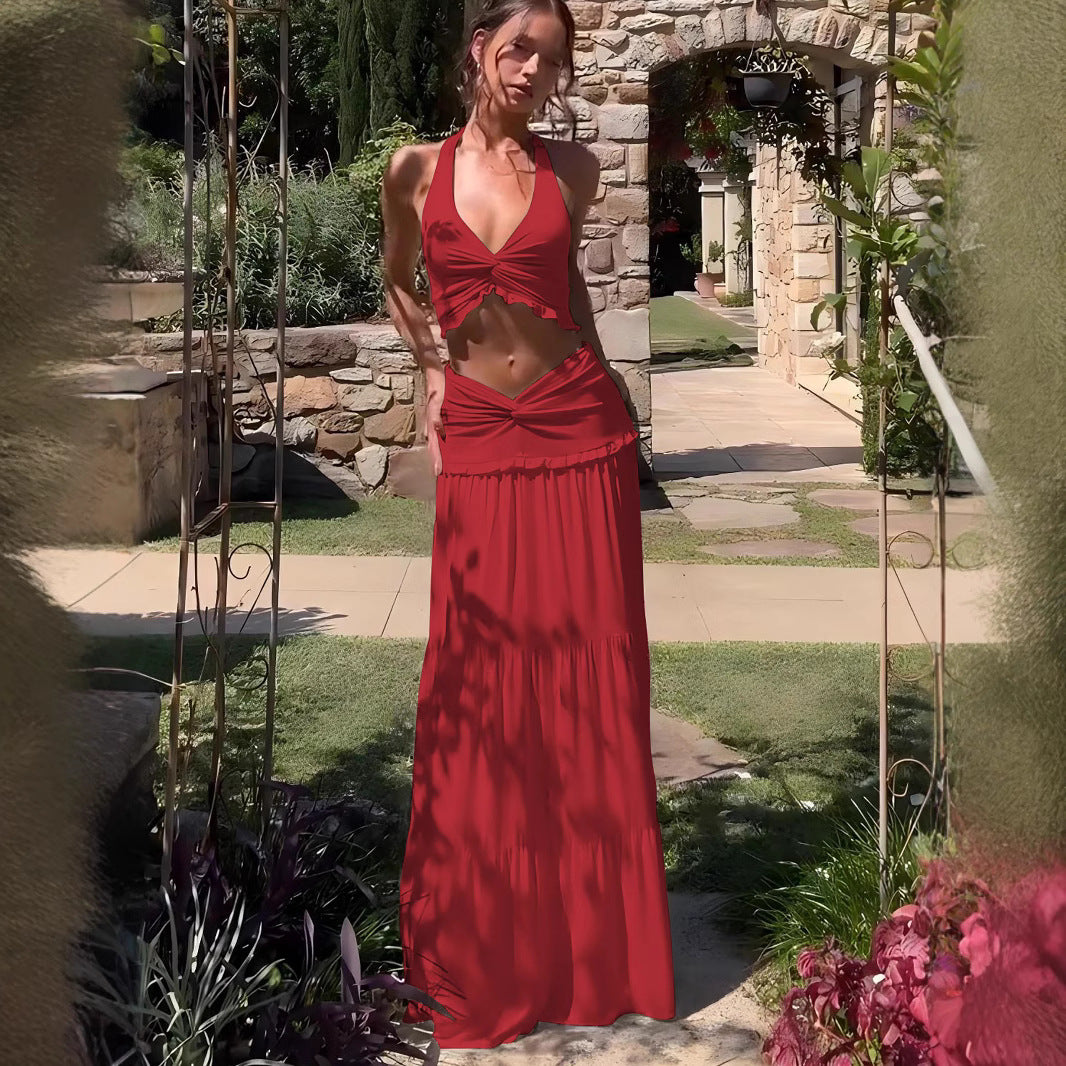Damen Zweiteiliges Sommerkleid mit raffiniertem Oberteil und fließendem Rock Drune