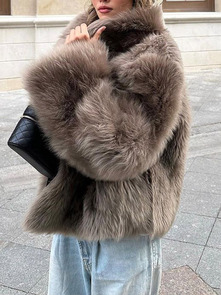 Damen Pelzjacke im modernen Oversize-Stil mit gemütlichem Kragen Drune
